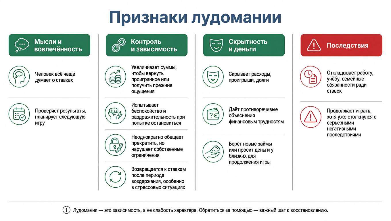 Признаки лудомании с четырьмя блоками: мысли, контроль, скрытность, последствия